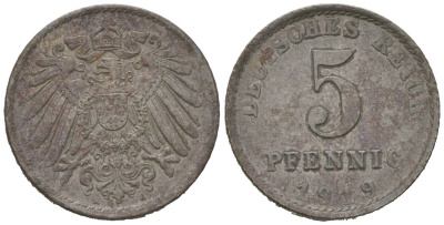 Германия 5 пфеннигов 1919 A KM 19, J. 297 железо 3955-1257