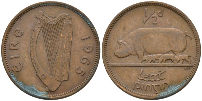 Ирландия 1/2 пенни 1965 свинья с поросятами KM 10 бронза 4146-546