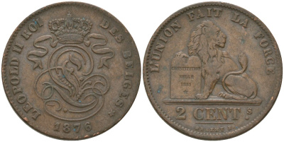 Бельгия 2 сантима 1876 Belges, Леопольд II (1865-1909) KM 35 медь 4621-645