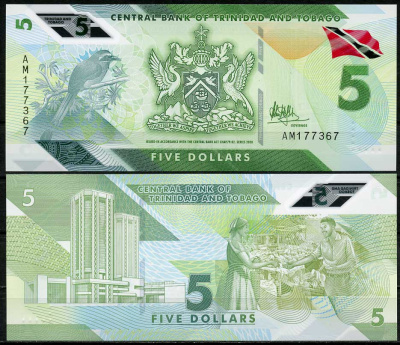 Тринидад и Тобаго 5 долларов 2020 мотмот с голубой короной, здание Центрального банка Pick NEW пластик UNC (пресс) 447-97-2