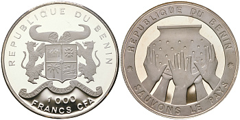 Бенин 1000 франков 1992 спасите страну, пять рук держат сосуд KM 1 серебро  PROOF  11-143-24