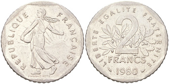 Франция 2 франка 1980 сеятель KM 942.1, Le Franc 272.4 никель 4156-213