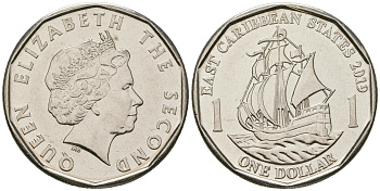 Восточно-Карибские штаты 1 доллар 2019 Елизавета II (1952-2022), парусник KM 39 a никелированная сталь  UNC  M60-10