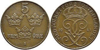 Швеция 5 эре 1921 Густав V (1907-1950) KM 779.2 бронза 4394-845