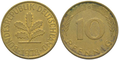 ФРГ 10 пфеннигов 1978 G KM 108, J. 383 сталь плакированная латунью 175-745