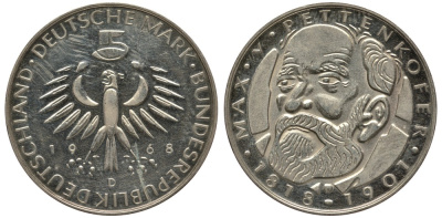 ФРГ 5 марок 1968 D, 150 лет со дня рождения Макса фон Петтенкофера J. 398, KM 123.1 серебро PROOF 413-3621