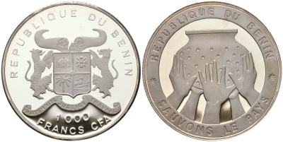 Бенин 1000 франков 1992 спасите страну, пять рук держат сосуд KM 1 серебро  PROOF  11-143-24