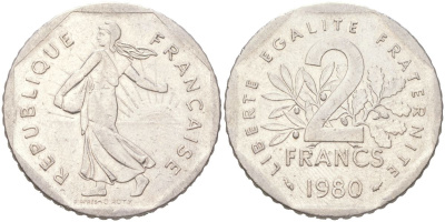 Франция 2 франка 1980 сеятель KM 942.1, Le Franc 272.4 никель 4156-213