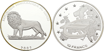 Конго 10 франков 2003 Евросоюз Schoon 177 серебро PROOF 00-00