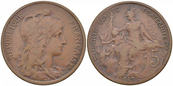 ФРАНЦИЯ 5 САНТИМОВ 1916 ТИП ДАНИЭЛЬ ДЮПЮИ KM 842, LE FRANC 119.28 бронза 4448-154