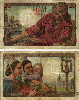 ФРАНЦИЯ 20 ФРАНКОВ 1943 7 ОКТЯБРЯ 1943 Pick 100а бумага 7183-51-1-1