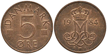ДАНИЯ 5 ЭРЕ 1984 R; B, МАРГРЕТЕ II (1972-) KM 859.3 железо плакированное медью 116-164