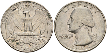 США 25 центов (квотер) 1974 Вашингтон KM 164a медь плакированная медно-никелем   4606-644
