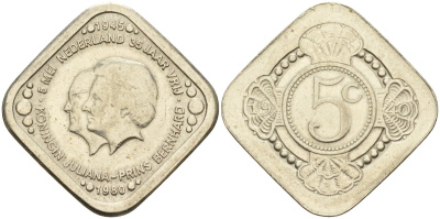 Нидерланды 5 центов 1980 35 лет освобождению Нидерландов от фашистских захватчиков /Юлиана и Бернард/ UC 301 медь цинк никель 4141-134