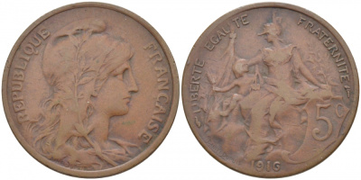 ФРАНЦИЯ 5 САНТИМОВ 1916 ТИП ДАНИЭЛЬ ДЮПЮИ KM 842, LE FRANC 119.28 бронза 4448-154