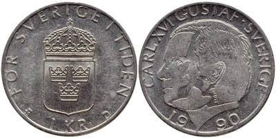 Швеция 1 крона 1990 Карл XVI Густав (1973- ) KM 852a медно-никель 4398-1254