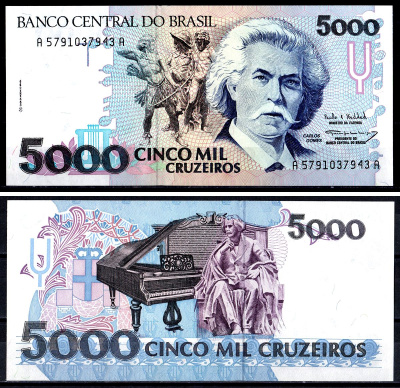 Бразилия 5000 крузейро ND (1990-1993) Карлось Гомес, музыкант, рояль Pick 232 c бумага UNC (пресс) 7551-23-2-2