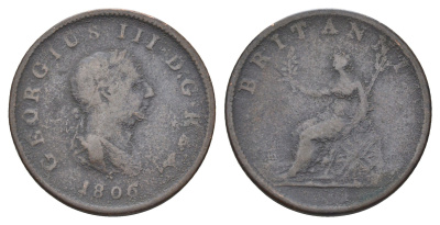 Великобритания 1/2 пенни 1806 Георг III (1760-1820) KM 662, Spink 3781 медь 4662-1023