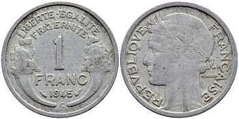 ФРАНЦИЯ 1 ФРАНК 1945 С KM 885а.3 алюминий 4397-651