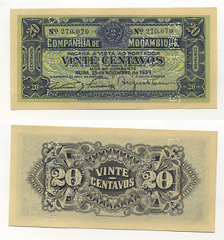 Мозамбик, Португальский 20 сентаво 1933 25 ноября 1933, перфорация PAGO 5.11.1942 Pick R29 бумага 6283-32-1