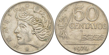 Бразилия 50 сентаво 1970 голова свободы влево KM 580а медно-никель 4529-416