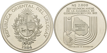 Уругвай 2000 песо 1984 25-ая встреча управляющих банками, стран американских континетов KM 88 серебро UNC 11-082-21