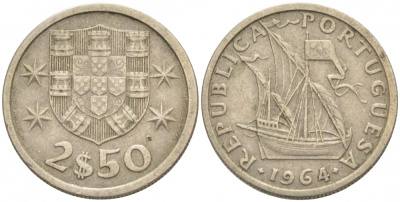 Португалия 2,5 эскудо 1964 парусник KM 590 медно-никель 3718-312