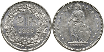 ШВЕЙЦАРИЯ 2 ФРАНКА 1989 В KM 21а.3 медно-никель 4538-234