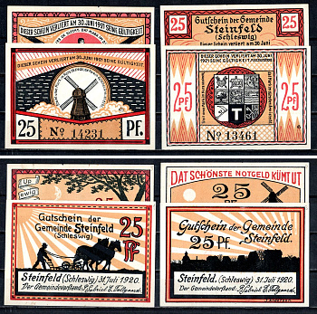 Штайнфельд в Шлезвиге (Пруссия, Шлезвиг-Гольштейн) полный набор из 4 нотгельдов (25 пфеннигов) 1920 Mehl Grabowski 1262.4 бумага UNC (пресс) 7556-57-1-2