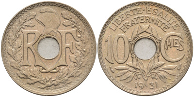 Франция 10 сантимов 1931 тип Линдайё KM 866а медно-никель 4116-455