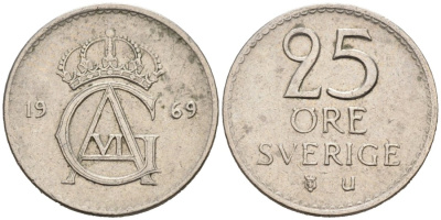 Швеция 25 эре 1969 Густав VI Адольф (1950-1973) KM 836 медно-никель 4564-756