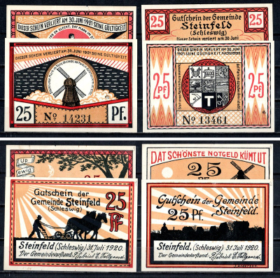 Штайнфельд в Шлезвиге (Пруссия, Шлезвиг-Гольштейн) полный набор из 4 нотгельдов (25 пфеннигов) 1920 Mehl Grabowski 1262.4 бумага UNC (пресс) 7556-57-1-2