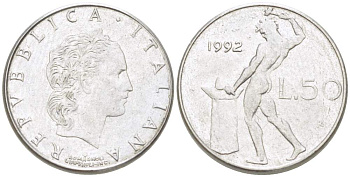 ИТАЛИЯ 50 ЛИР 1992 R, КУЗНЕЦ, ВУЛКАН БОГ ОГНЯ, ДИАМЕТР 16,5 ММ. KM 95.2 нержавеющая сталь 4528-113