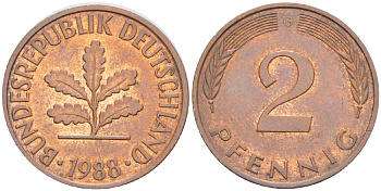 ФРГ 2 ПФЕННИГА 1988 G KM 106а, J. 381а сталь плакированная сталь плакированная медьюю 4181-852