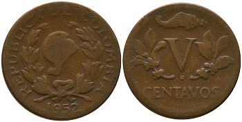 Колумбия 5 сентаво 1952 B KM 206, Schon 27, Hernandez 381, Restrepo 370.12 медь 4576-1227