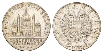 Австрия 2 шиллинга 1937 200 лет со дня завершения строительства церкви Святого Карла KM 2859 серебро 413-4242