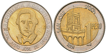 Аргентина 1 песо 2001 200 лет со дня рождения Хусто Хосе де Уркиза KM 132 биметалл UNC 4619-1122