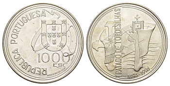 Португалия 1000 эскудо 1994 500 лет Тордесильясскому договору KM 675 серебро BU 1088-1-43