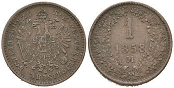 Австрия 1 крейцер 1858 M, Франц Иосиф I (1848-1916) KM 2186 медь 4617-338
