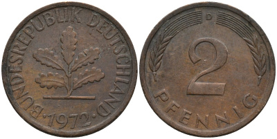 ФРГ 2 пфеннига 1972 D KM 106а сталь плакированная медью 4171-414