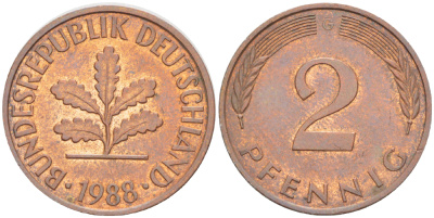 ФРГ 2 ПФЕННИГА 1988 G KM 106а, J. 381а сталь плакированная сталь плакированная медьюю 4181-852