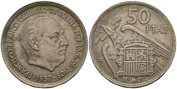 Испания 50 песет 1957 (59) Франсиско Франко (1939-1975) KM 788 медно-никель 4599-114