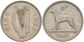 Ирландия 6 пенсов 1967 ирландский волкодав KM 13a медно-никель 4146-456