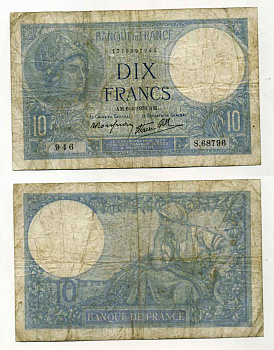 ФРАНЦИЯ 10 ФРАНКОВ 1939 6 АПРЕЛЯ 1939 AM Pick 84 бумага 8589-15-2-2