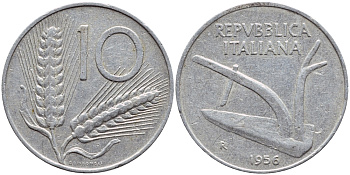 ИТАЛИЯ 10 ЛИР 1956 R, ПЛУГ KM 93 алюминий 4397-642