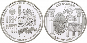 Франция 1 евро = 6,55957 франков 2000 романский стиль в архитектуре Средневековья (X-XII века) KM 1245 серебро PROOF 11-177-13