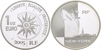 Франция 1 1/2 евро 2004 СЕРИЯ ТРАНСПОРТ, ОКЕАНСКИЙ ЛАЙНЕР НОРМАНДИЯ, КОРАБЛЬ, НЬЮ-ЙОРК KM 1378 серебро PROOF 04-313-41