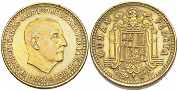 Испания 1 песета 1966 (75) Франциско Франко (1939-1975) КМ 796 алюминиевая бронза 87-1457