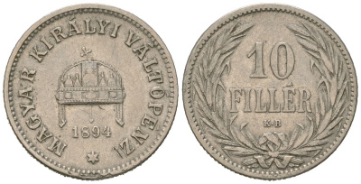 Венгрия 10 филлеров 1894 KB, Франц Иосиф I (1848-1916) KM 482 никель 4615-451