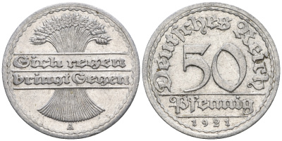 Германия 50 пфеннигов 1921 A KM 27, J. 301 алюминий 60-1125